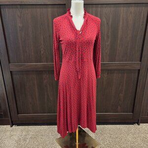Boden Dress Womens 4P Polka Dot Stretch Jersey Red Hi-Low Hem Retro Ruffle Neck